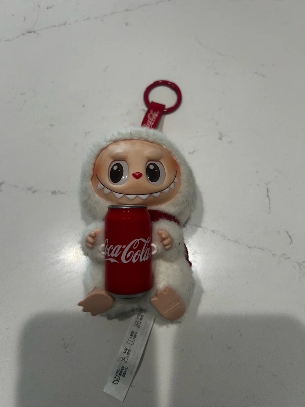 Coca-Cola Pop Mart Labubu White Plush Keychain Character with Red Can